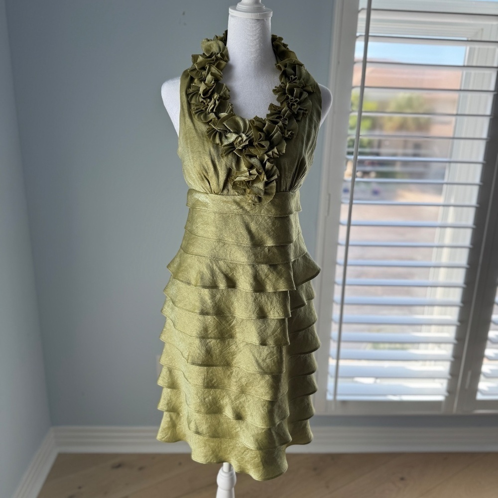 London Times Green Floral Ruffle Collar Cocktail Dress 4P - Picture 2 of 6